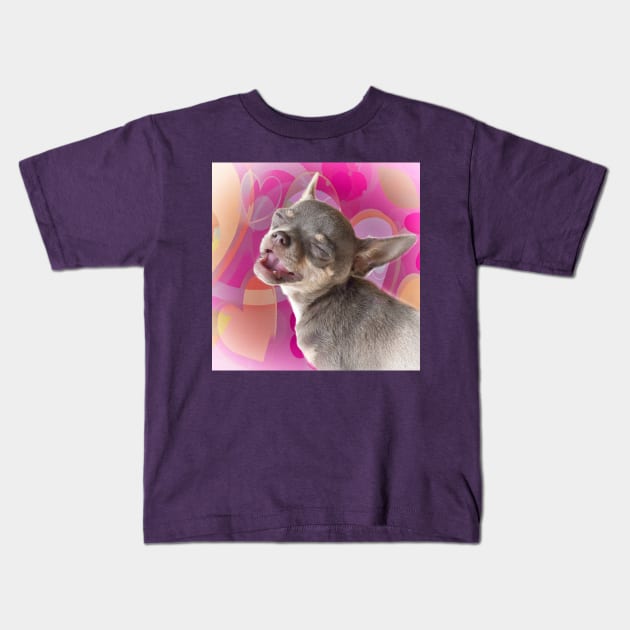 Cheeky Chihuahua Valentines Love Face. Pink hearts. Kids T-Shirt by BarbaraGlebska